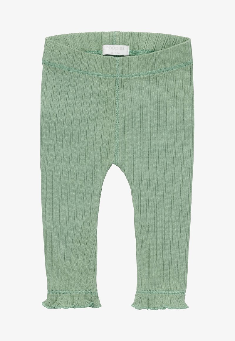 Leggings bébé verts côtelés avec une taille élastique et de petits volants aux chevilles sans motifs ni décorations.