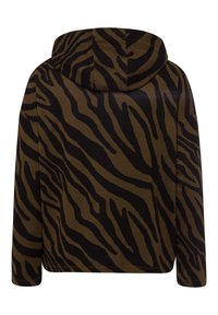 Sudadera marrón con patrón de rayas de cebra negras, cuenta con una capucha amplia y mangas largas, confeccionada en tela suave para mayor comodidad.