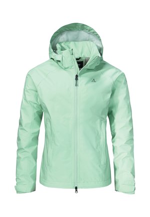 Helle mintgrüne wasserfeste Jacke mit Kapuze, durchgehendem Reißverschluss und verstellbaren Bündchen. Glattes, elegantes Material mit minimalen Details.