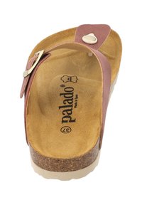 Bruine gewatteerde sandaal met een kurken zool, met een brede band die is bevestigd met een metalen gesp en een textuur op de binnenzool. "Palado" merk zichtbaar.