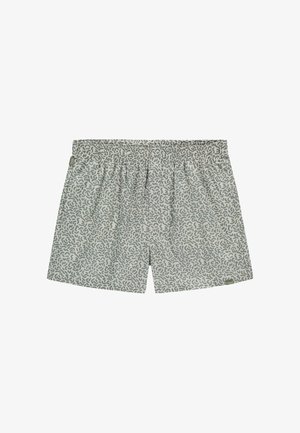 Shorts de bain à motifs gris clair avec des designs abstraits verts ; taille élastique ; tissu léger ; longueur au milieu de la cuisse.