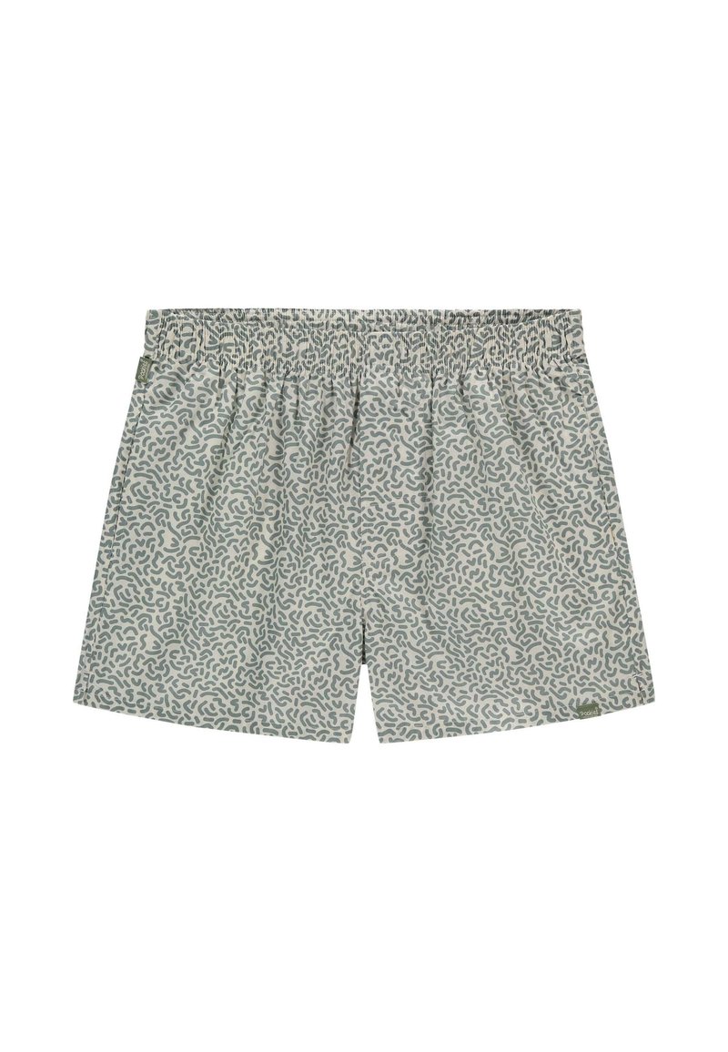 Shorts de bain à motifs gris clair avec des designs abstraits verts ; taille élastique ; tissu léger ; longueur au milieu de la cuisse.
