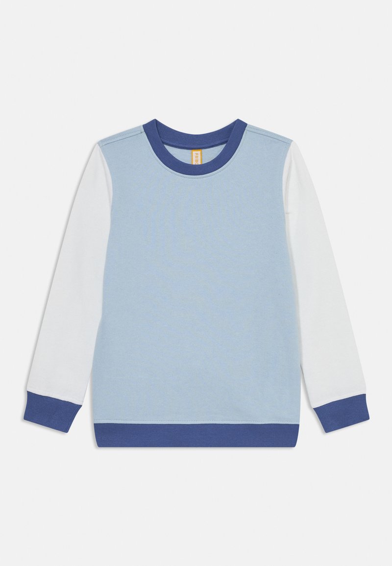 Lys blå hettegenser med lange hvite ermer, en blå ribbestrikket krage og matchende blå mansjetter. Stoffet er mykt, glatt og elastisk.