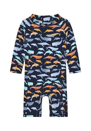 Marineblauer Langarm-Strampler für Kleinkinder mit buntem Wal- und Delfinmuster, ausgestattet mit hohem Kragen und kurzen Beinen.