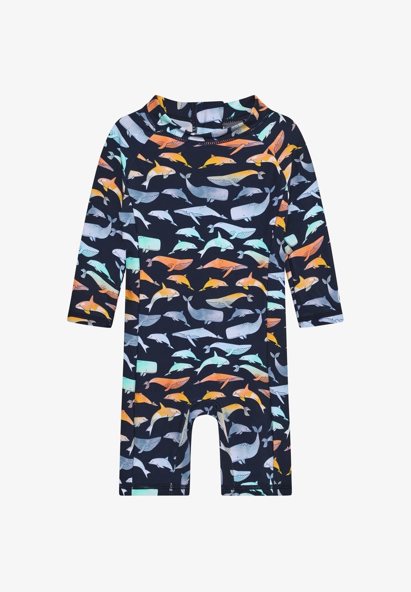 Maillot de bain pour tout-petit à manches longues bleu marine avec motif coloré de baleines et de dauphins, doté d'un col montant et de jambes courtes.
