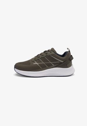 Athletic shoes in olive green mesh with white rubber sole, featuring silver diagonal stripes and a textured upper, designed for comfort.