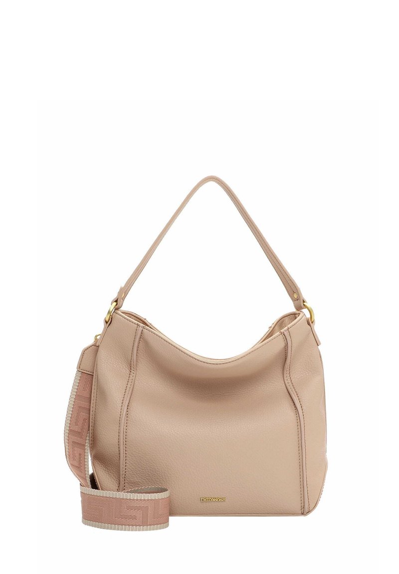 Beżowa skórzana torebka o wyraźnie zarysowanym kształcie, z pojedynczą górną rączką oraz odpinanym paskiem na ramię z wzorzystym akcentem.