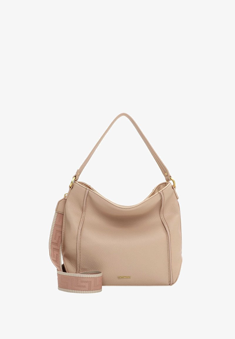 Beżowa skórzana torebka o wyraźnie zarysowanym kształcie, z pojedynczą górną rączką oraz odpinanym paskiem na ramię z wzorzystym akcentem.
