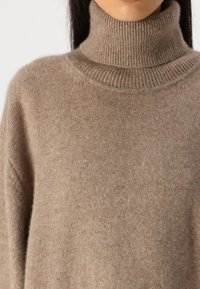 Beige kõrge kaelusega sviiter, mis on valmistatud pehmest kudumiskangast, ribakrae ja veidi lõdva lõikega, millel on minimaalne tekstuur.