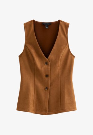 Brun ärmlös väst i mockaliknande material, med en djup V-halsringning och tre framknappar. Slät textur med skräddarsydd passform.