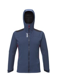Veste softshell à capuche bleu marine avec fermeture éclair sur le devant, tirettes de fermeture éclair rouges, patchs d'épaule noirs et logo de la marque sur la poitrine.