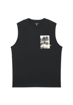 T-shirt nera senza maniche con piccola grafica di una palma in scala di grigi e testo parziale giallo sull'area sinistra del petto, taglia XL.