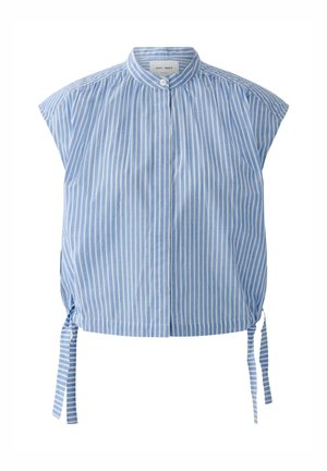 Blouse sans manches à rayures verticales bleues et blanches avec col mandarin, boutons sur le devant et détails liens sur les côtés.