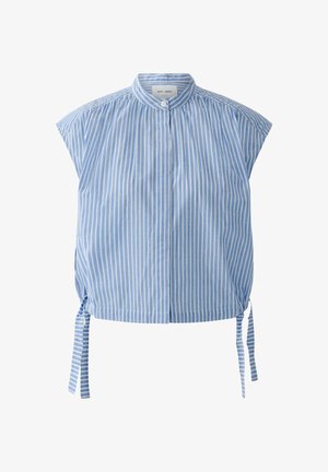 Blouse sans manches à rayures verticales bleues et blanches avec col mandarin, boutons sur le devant et détails liens sur les côtés.