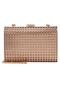 Metaliczna kopertówka w kolorze różowego złota z sześciokątnym tłoczonym wzorem, z zapięciem na zatrzask i odpinanym łańcuszkiem na rami�ę, o gładkiej fakturze.