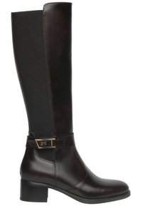 Botte en cuir marron mi-hauteur avec des panneaux élastiques ; dotée d'une accent en matériel doré et d'un talon épais pour un soutien supplémentaire.