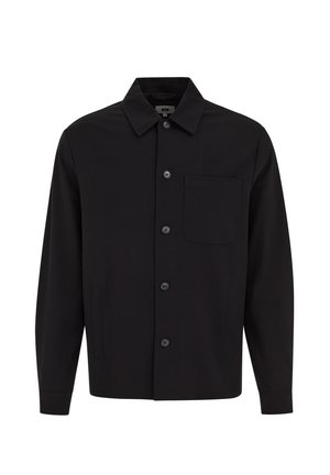 Črna jakna z dolgimi rokavi in ovratnikom, zapenjanje na pet gumbov spredaj, en žep na prsih in dva stranska žepa, prikazana na belem ozadju.