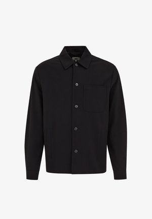 Juoda ilgomis rankovėmis striukė su apykakle, penkių sagų priekyje užsegama, vienas kišenė ant krūtinės ir dvi šoninės kišenės, rodoma ant baltos fono.