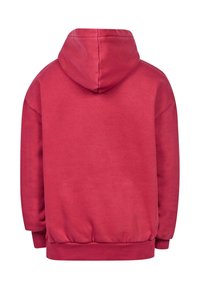 Rød hættetrøje med en glat tekstur, der har hætte, lange ærmer og ribbede manchetter og kant. Bagfra ses et enkelt, ensfarvet design.