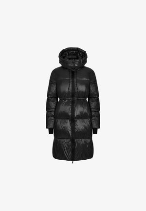 Czarna kurtka puchowa z kapturem, zapinana na zamek z przodu i z dzianinowymi mankietami. Wykonana z błyszczącego, pikowanego materiału z detalem w postaci ściągnięcia w talii.