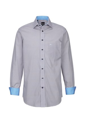 Blau gemustertes Hemd mit langen Ärmeln, kontrastierenden hellblauen Manschetten und einer kleinen Brusttasche. Hergestellt aus leichtem Stoff.