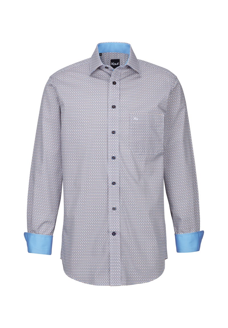Camicetta blu a fantasia con maniche lunghe, polsini azzurri a contrasto e una piccola tasca sul petto. Realizzata in tessuto leggero.