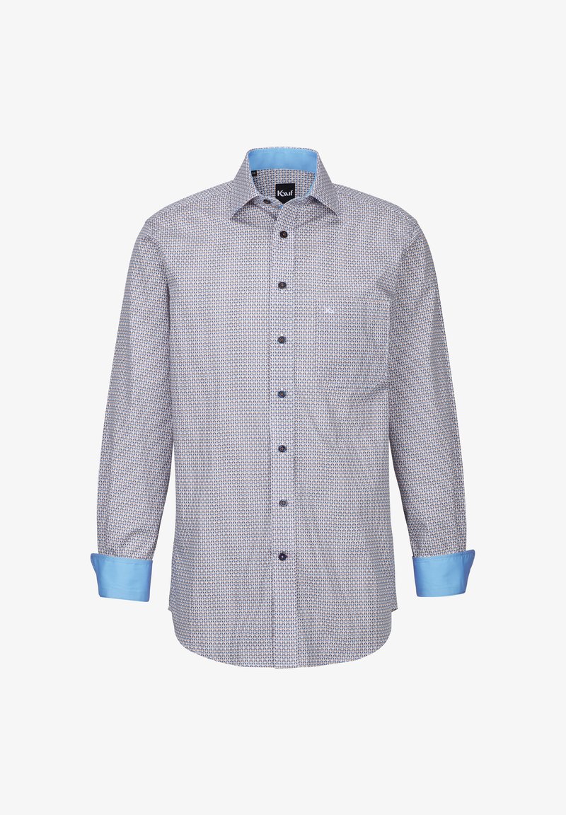 Camicetta blu a fantasia con maniche lunghe, polsini azzurri a contrasto e una piccola tasca sul petto. Realizzata in tessuto leggero.