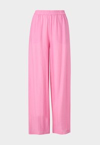 Pantaloni rosa a gamba larga realizzati in tessuto leggero con elastico in vita. Texture liscia, senza motivi o accenti visibili.