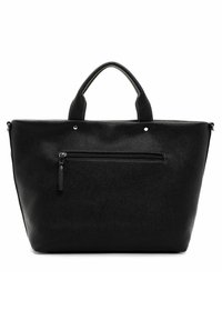 Schwarze Ledertasche mit einer genarbten Textur, doppelten Griffen und einer Vorderseite mit Reißverschlusstasche. Verfügt über silberne Beschläge und ein strukturiertes Design.