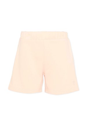 Jasnoróżowe szorty w kolorze brzoskwiniowym z elastycznym pasem, prostym wzorem i krótką długością.