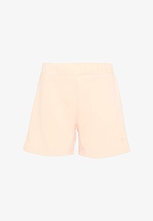 Licht perzikkleurige short met elastische tailleband, eenvoudig ontwerp en korte lengte.