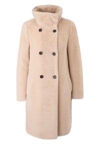 Beige dubbelknäppt ullrock med hög krage, långa ärmar, svarta knappar och sidfickor.