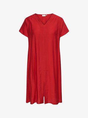 Punane põlveni ulatuv kleit lühikeste varrukatega, V-kaelusega ja ees keskel lõhikuga, valmistatud siledast kangast.