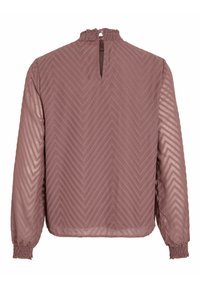 Volnější, dlouhý rukáv top v barvě muškátové s texturovaným herringbone vzorem, nařaseným výstřihem a elastickými manžetami. Detail s klíčovou dírkou na zádech.