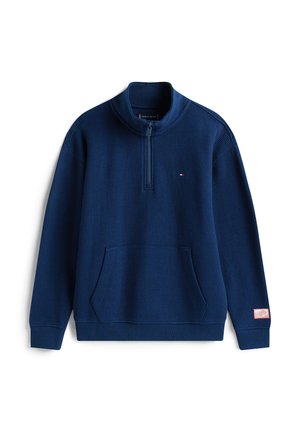 Marineblauwe zip-up sweatshirt van textuurstof, met een hoge kraag en een voorste kangaroo pocket. Bevat een klein logo op de borst.