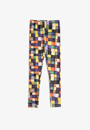 Leggings with a multicolor checkered pattern in shades of yellow, orange, green, purple, black, and beige on a white background.