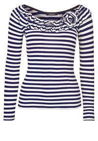 Langärmliges Oberteil mit navy- und weißen horizontalen Streifen, das über einen Rüschenausschnitt und ein Stoffrose-Detail auf der linken Seite verfügt.