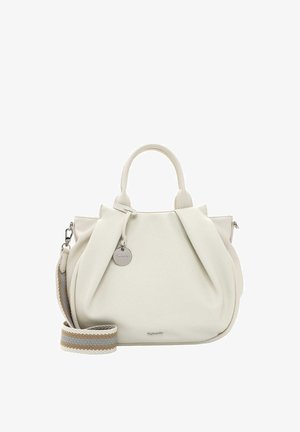 Sac à main en cuir blanc au design structuré, avec deux courtes anses, une bandoulière rayée amovible et une étiquette en métal.