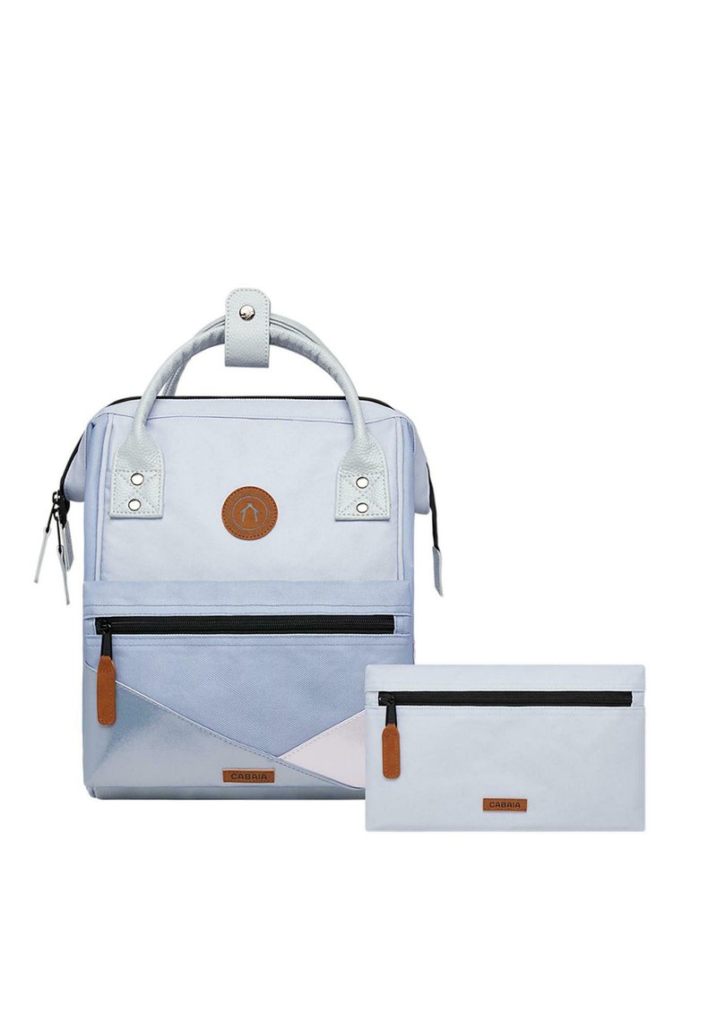 Light blue backpack with geometric design; features a main compartment with a top handle, black zipper accents, and a detachable pouch.