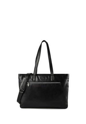 Bolso tote de cuero negro con dobles asas y una correa de hombro ajustable, con un bolsillo frontal con cremallera.