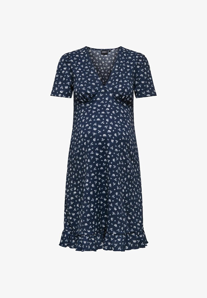 Mornarica obleka za nosečnice s kratkimi rokavi, V-izrezom, cvetličnim vzorcem v beli barvi, nabranimi detajli na prsih in volančkom na dolžini kolen.