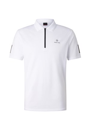 White short-sleeve polo shirt with black quarter-zip front, small "B FIRE + ICE" logo on left chest, and black accents on sleeves.
