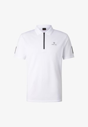 Biała koszulka polo z krótkim rękawem, czarnym zamkiem na ćwierć długości z przodu, małe logo "B FIRE + ICE" na lewej piersi i czarne akcenty na rękawach.