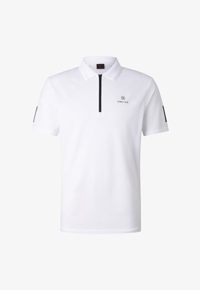 White short-sleeve polo shirt with black quarter-zip front, small "B FIRE + ICE" logo on left chest, and black accents on sleeves.