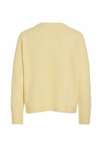 Pull tricoté jaune clair à manches longues avec encolure ronde et poignets et ourlet côtelés, vu de dos.