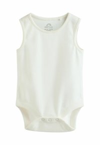 White ribbed cotton baby bodysuit with sleeveless design and snap buttons at the bottom for easy dressing. Soft texture, minimalistic style.