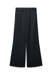 Schwarze weit geschnittene Hose aus glattem Stoff, mit zwei frontalen Taschen, Falten und einem Knopfverschluss an der Taille.