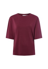 T-shirt bordeaux a maniche corte con scollatura rotonda, realizzato in tessuto morbido. Presenta una vestibilità ampia e nessun motivo o accento visibile.