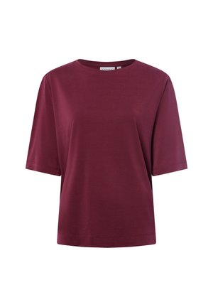 T-shirt bordeaux a maniche corte con scollatura rotonda, realizzato in tessuto morbido. Presenta una vestibilità ampia e nessun motivo o accento visibile.