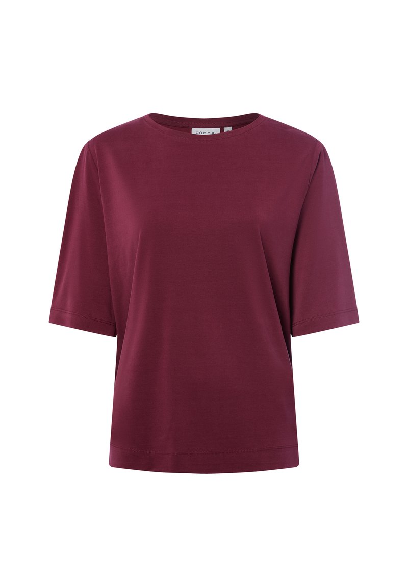 T-shirt bordeaux a maniche corte con scollatura rotonda, realizzato in tessuto morbido. Presenta una vestibilità ampia e nessun motivo o accento visibile.